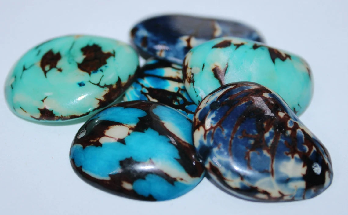 Tagua Slices Beads. 22 Blue Pieces.