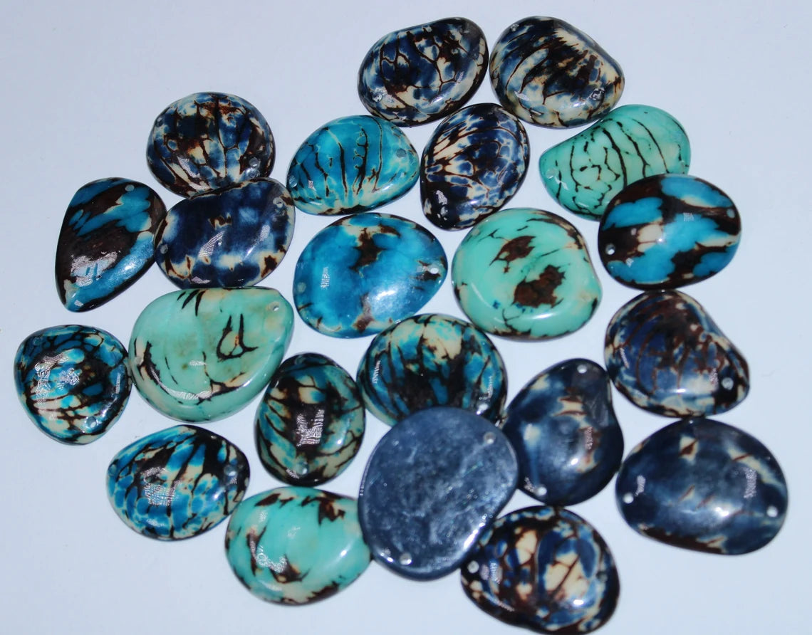 Tagua Slices Beads. 22 Blue Pieces.