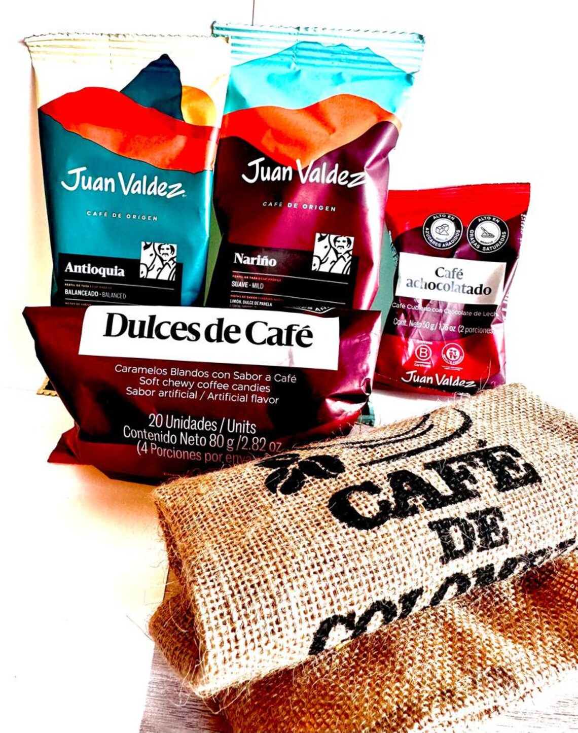 Coffee Gift Set from Colombia. Juan Valdez. 4 Samplers: 2 Ground Coffee Flavors