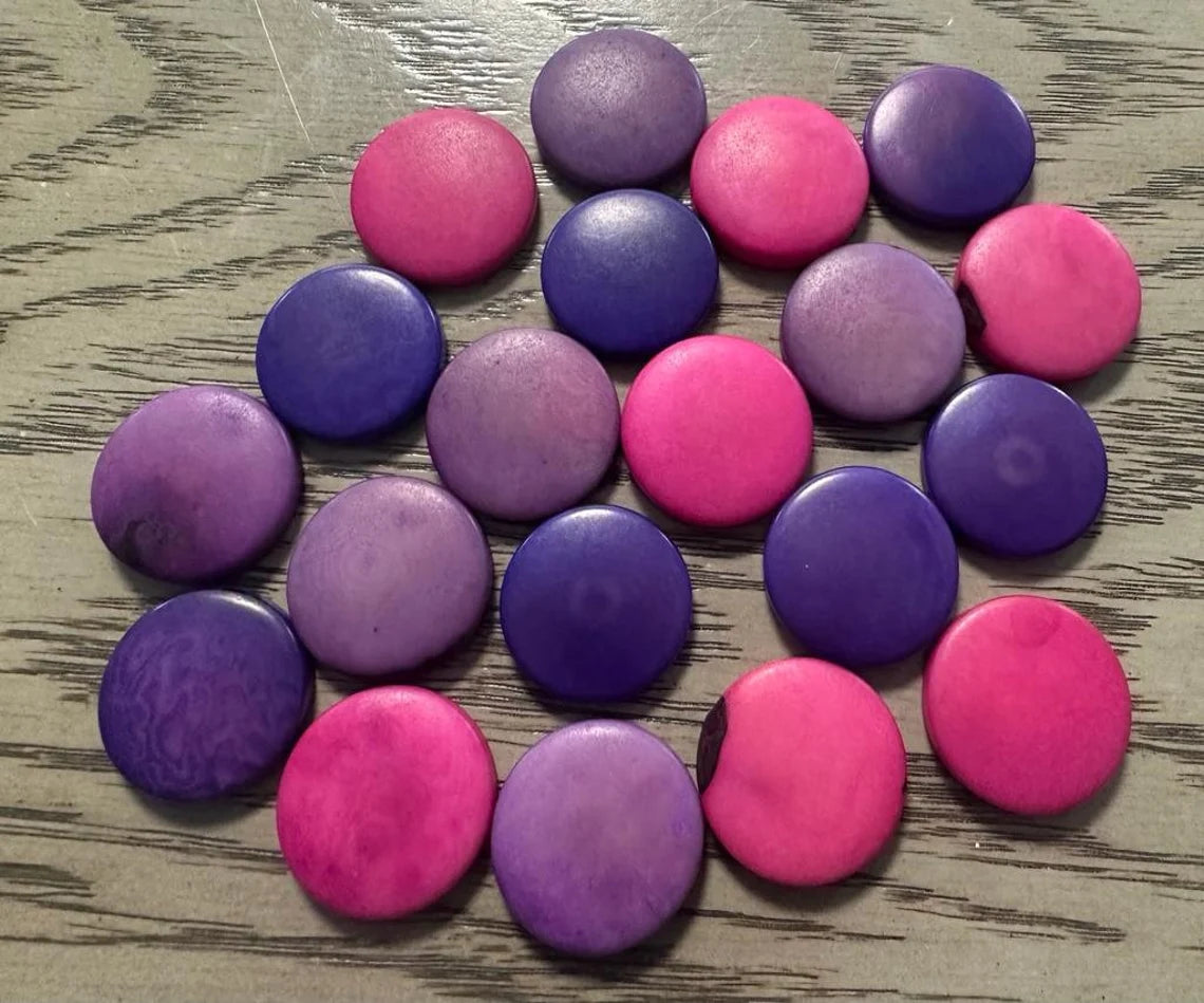 Tagua Round Beads. 21 Purple, Lilac and Pink Pieces.