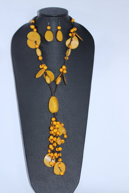 Tagua and Acai Necklace and Earrings Set in Yellow Color.