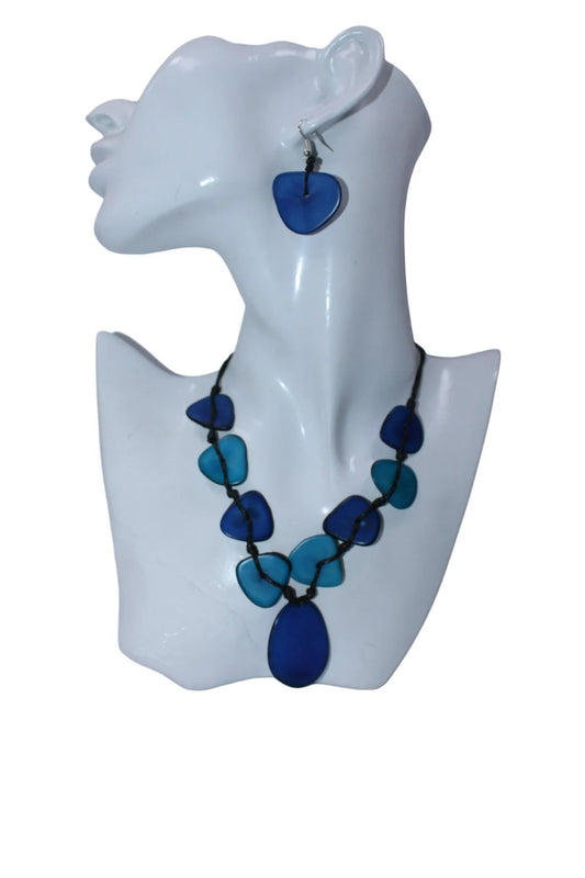 Tagua Necklace and Earrings Set in Blue Color.