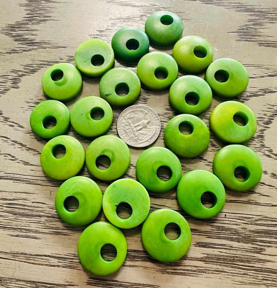 Tagua Donut Beads. 20 Green Pieces.