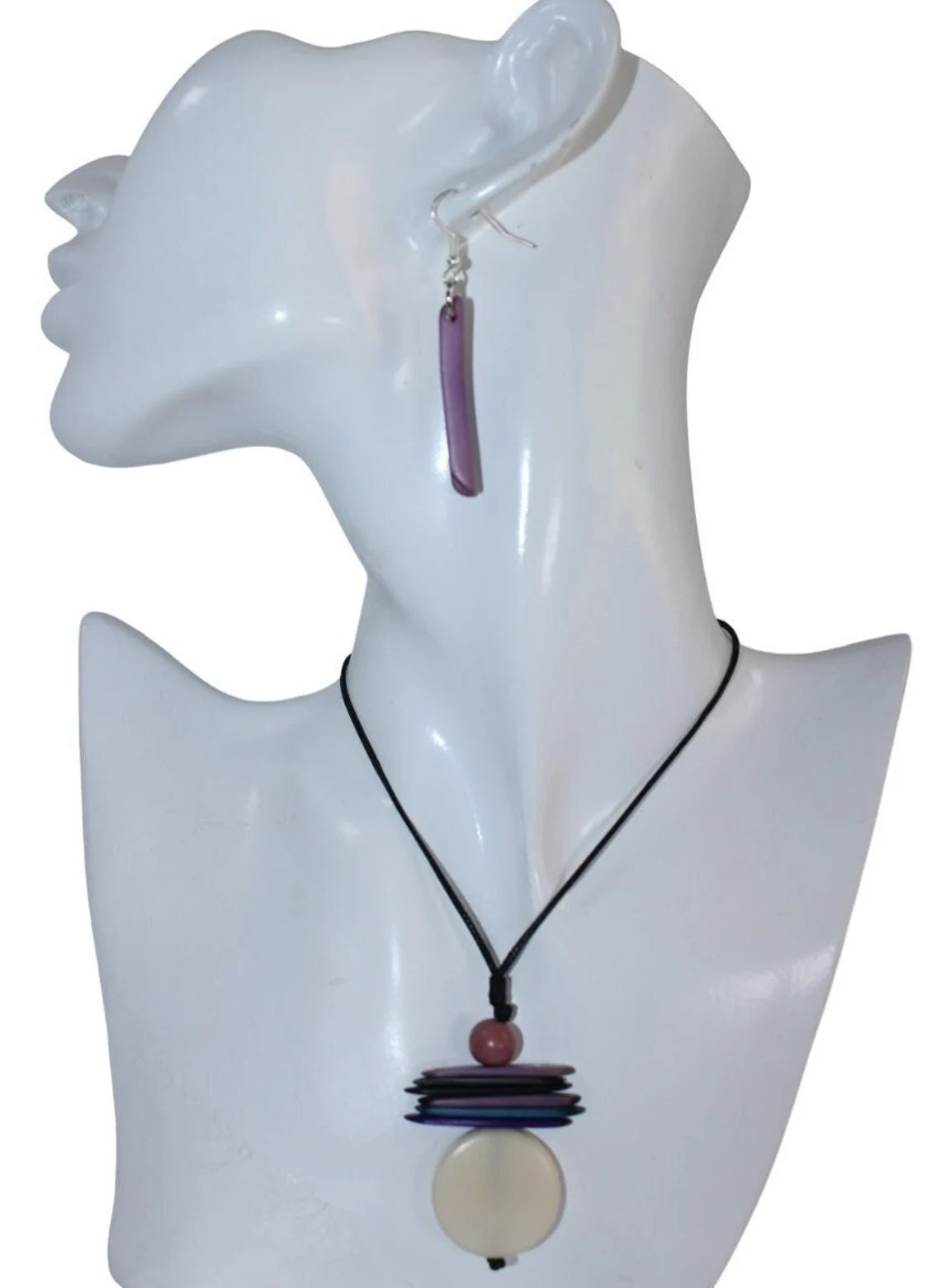 Tagua Pendant Necklace and Earrings Set in White and Purple Color.