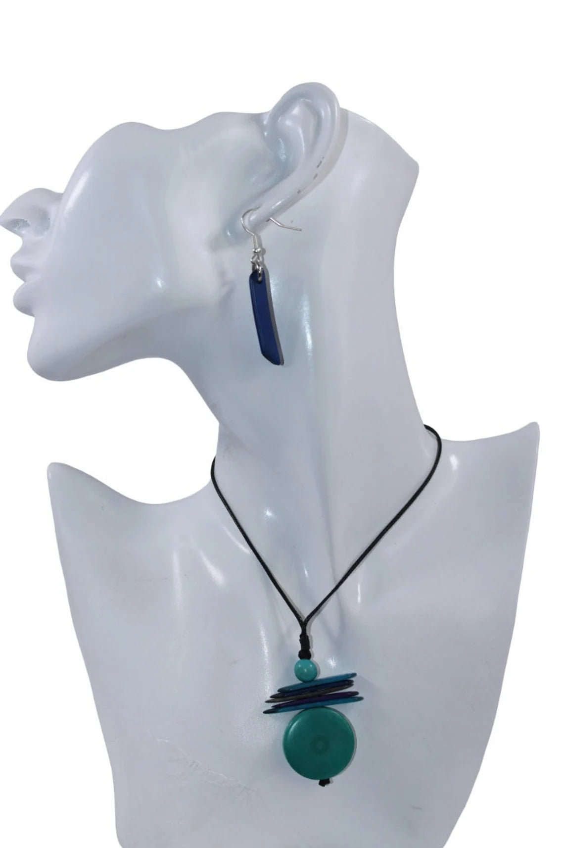 Tagua Pendant Necklace and Earrings Set in Blue and Purple Colors.