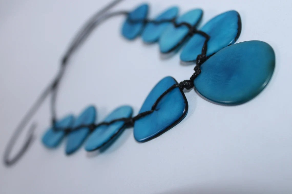 Tagua Necklace and Earrings Set in Blue Color