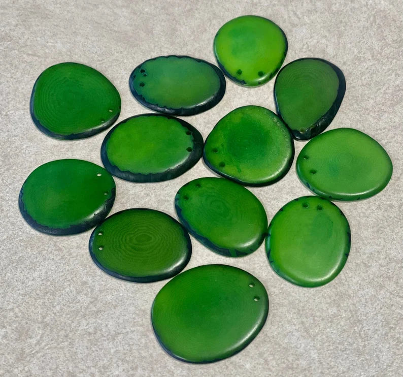 Tagua Slices Beads. 10 Green Pieces