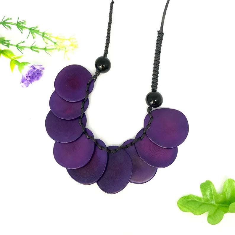 Tagua Necklace and Earrings Set in Purple Color.