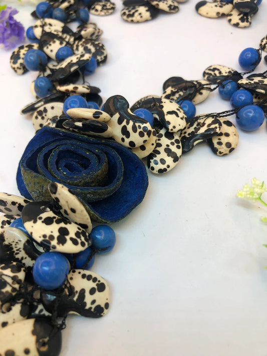 Bombona and Dry Tangerine Necklace and Earrings set Patterned in White and Black, Blue Color