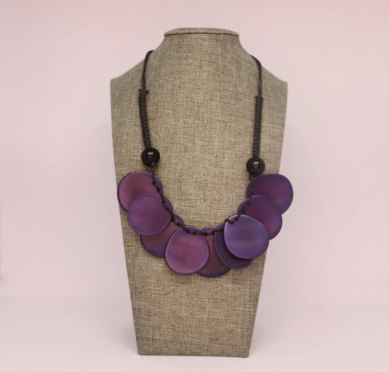 Tagua Necklace and Earrings Set in Purple Color.