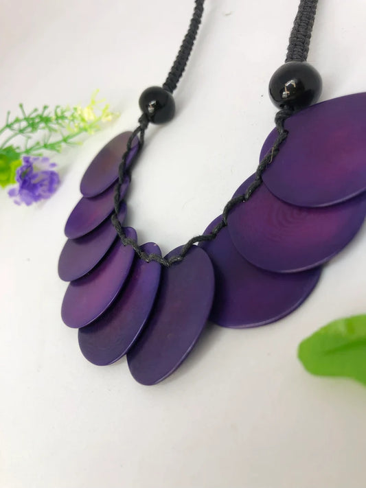 Tagua Necklace and Earrings Set in Purple Color.