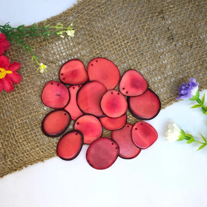 Tagua Slices Beads. 20 Red Pieces
