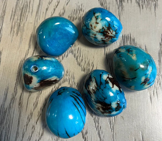 Tagua Beads. 6 Blue Pieces