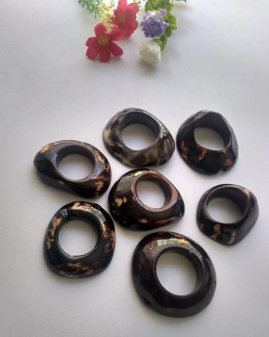 Tagua Thick Hoop Beads. 6 Brown Pieces.