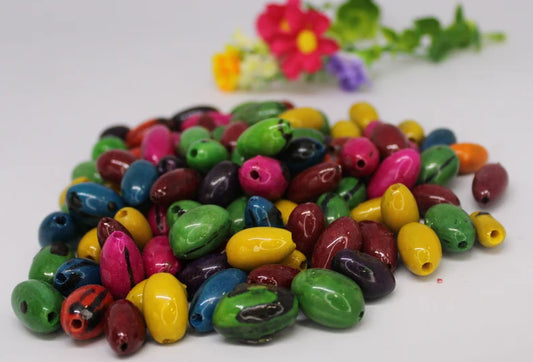 Multicolored Beads Made of camajuro Seeds. Size: 2.5 x 1.5 cm. Approx. Drilled. Natural Beads. Pack of 30 Beads. TCMulticolored01