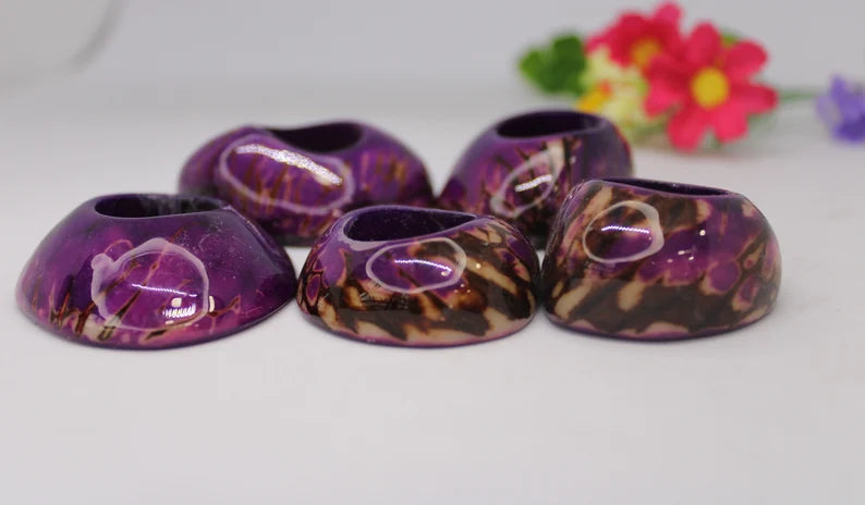 Tagua Thick Hoop Beads. 6 Purple Pieces.
