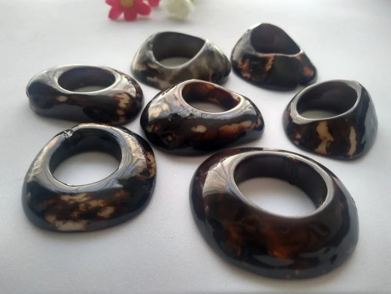 Tagua Thick Hoop Beads. 6 Brown Pieces.