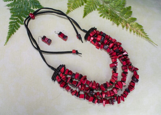 Tagua Necklace, Earrings and Bracelet Set in Red Color.