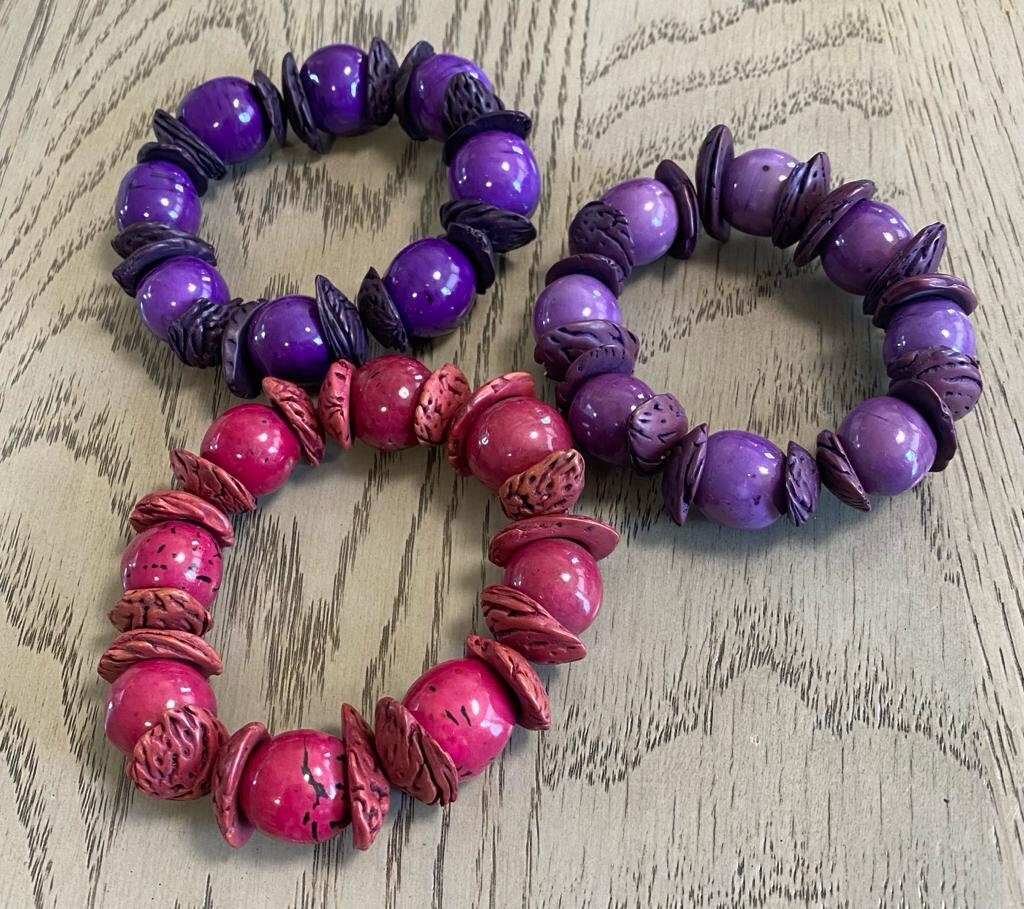 Sustainable Jewelry Eco-Friendly Exotic Unique Bracelet Lilac and Purple Stretch Bracelet Handmade in Colombia with Peach and Bombona Seeds