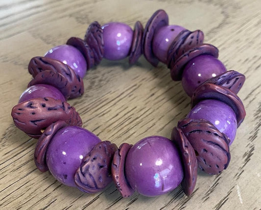Sustainable Jewelry Eco-Friendly Exotic Unique Bracelet Lilac and Purple Stretch Bracelet Handmade in Colombia with Peach and Bombona Seeds