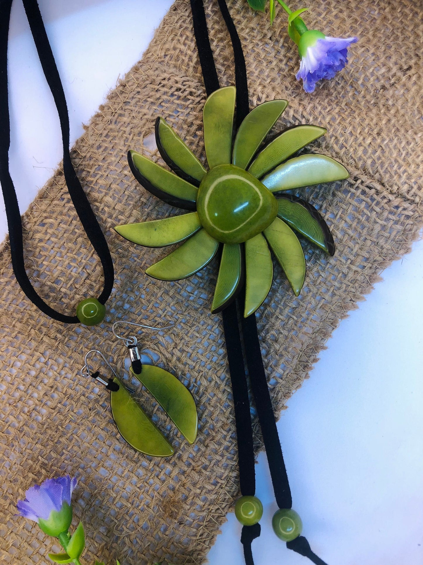 Tagua jewelry set flower pendant earrings & necklace in green handmade sustainable eco vegan seed beads natural gift for women accessories