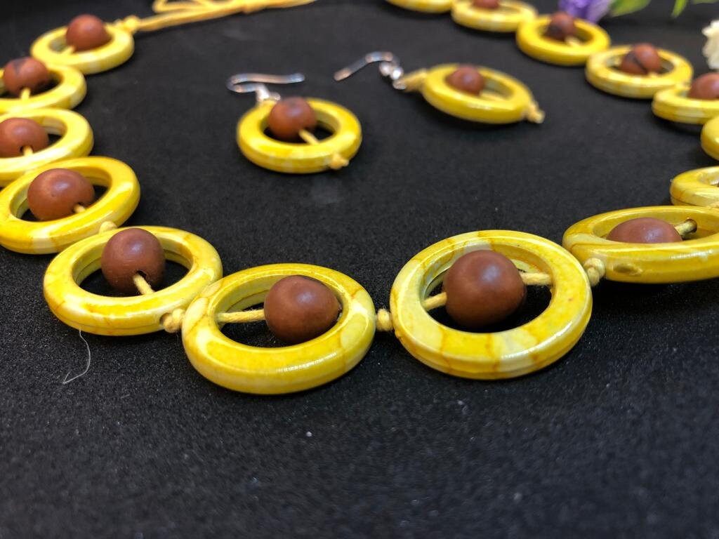 Valentine Gift for Her Yellow and Brown Seeds in a set of earrings and necklace. Eco Sustainable Handmade Jewelry Gift for Her Gif for Women