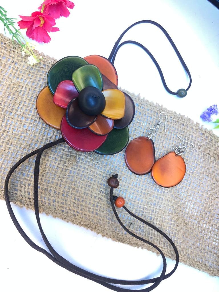 Tagua Handmade Sustainable Jewelry Adjustable Set Flower Pendant Necklace & Earrings Natural Gift for her Eco Tagua Nut Vegan Seed Beads DIY