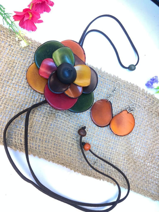 Tagua Handmade Sustainable Jewelry Adjustable Set Flower Pendant Necklace & Earrings Natural Gift for her Eco Tagua Nut Vegan Seed Beads DIY