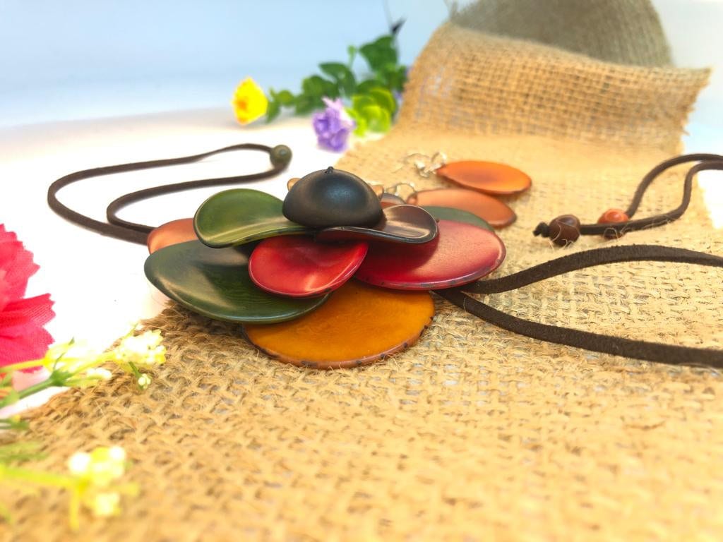 Tagua Handmade Sustainable Jewelry Adjustable Set Flower Pendant Necklace & Earrings Natural Gift for her Eco Tagua Nut Vegan Seed Beads DIY