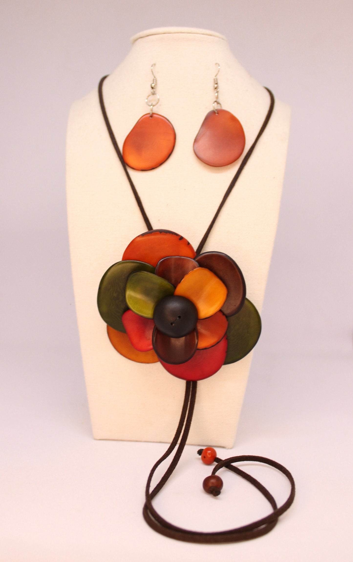 Tagua Handmade Sustainable Jewelry Adjustable Set Flower Pendant Necklace & Earrings Natural Gift for her Eco Tagua Nut Vegan Seed Beads DIY