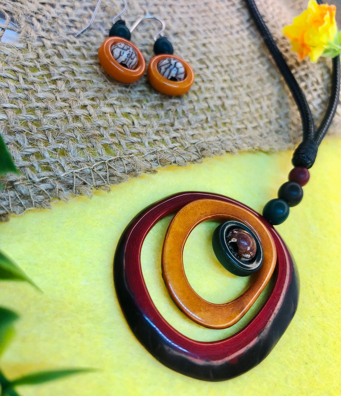 Natural Sustainable Jewelry Set Tagua Nut & Bombona Seed Necklace + Earrings Handmade in Colombia Ethical Eco Vegan Seed Beads Organic DIY