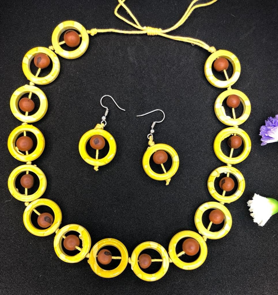 Valentine Gift for Her Yellow and Brown Seeds in a set of earrings and necklace. Eco Sustainable Handmade Jewelry Gift for Her Gif for Women