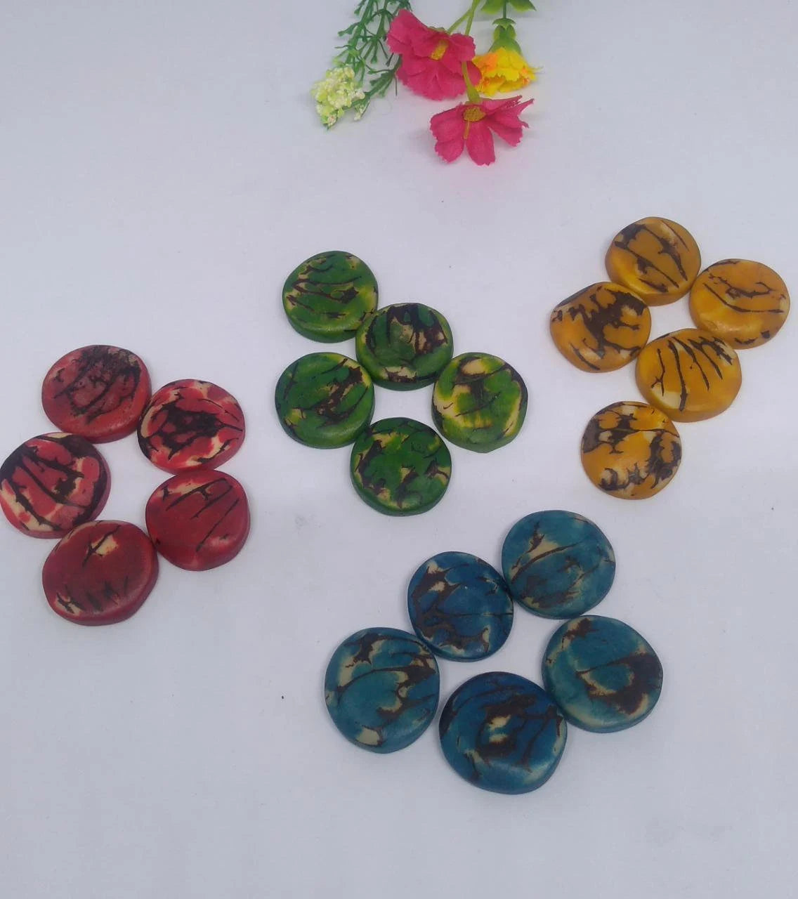 Tagua Disc Beads. 20 Multicolored Patterned Pieces.