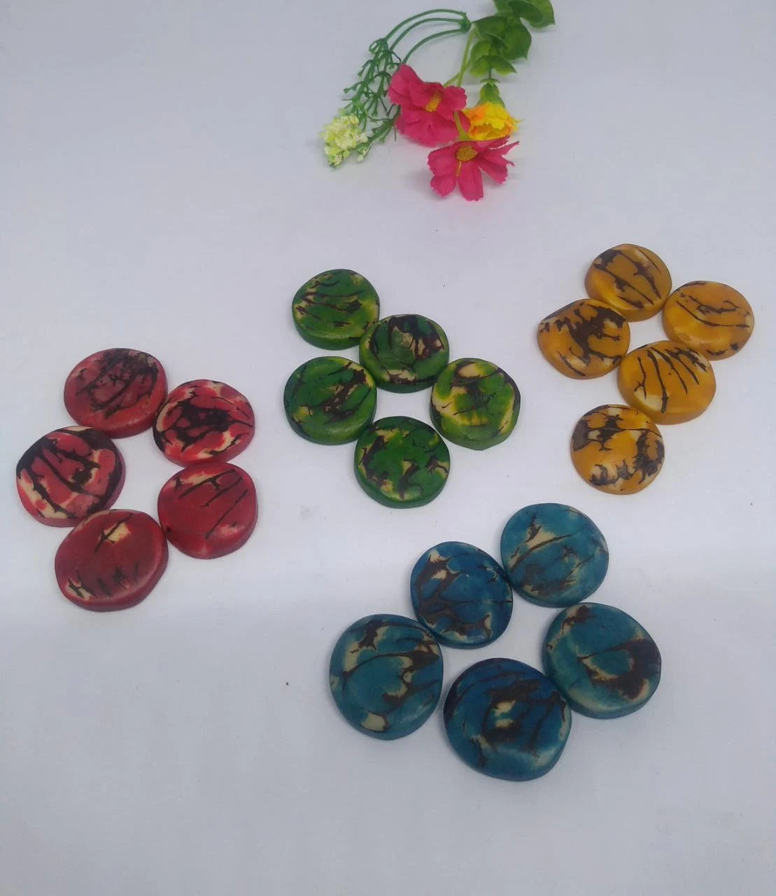 Tagua Disc Beads. 20 Multicolored Patterned Pieces.