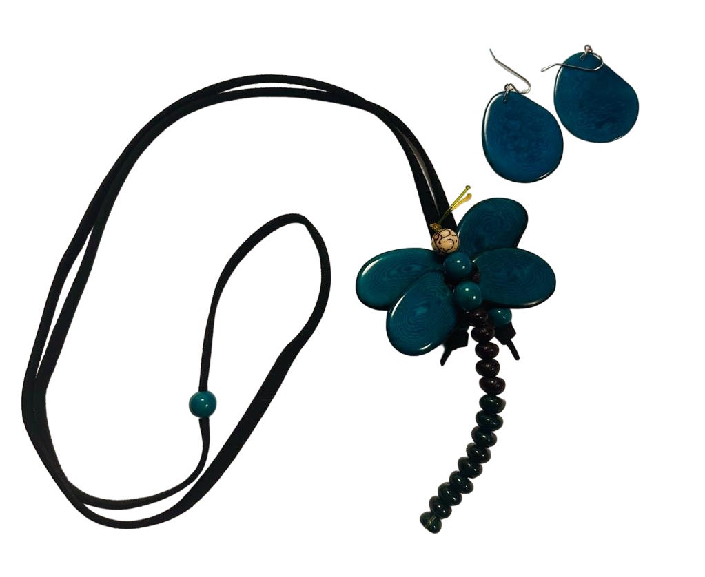 Natural Handmade Tagua Nut Jewelry Set Dragonfly Pendant Adjustable Necklace & Earrings  Organic Eco Sustainable Ethical Animal Insect DIY