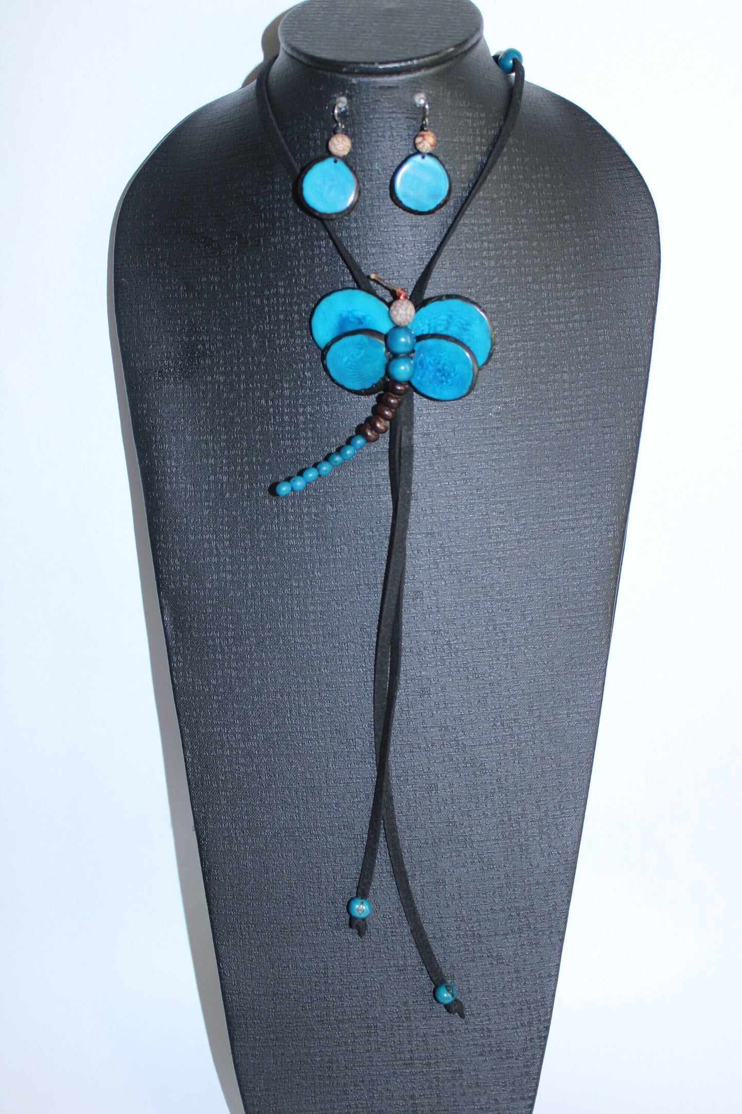 Natural Handmade Tagua Nut Jewelry Set Dragonfly Pendant Adjustable Necklace & Earrings  Organic Eco Sustainable Ethical Animal Insect DIY