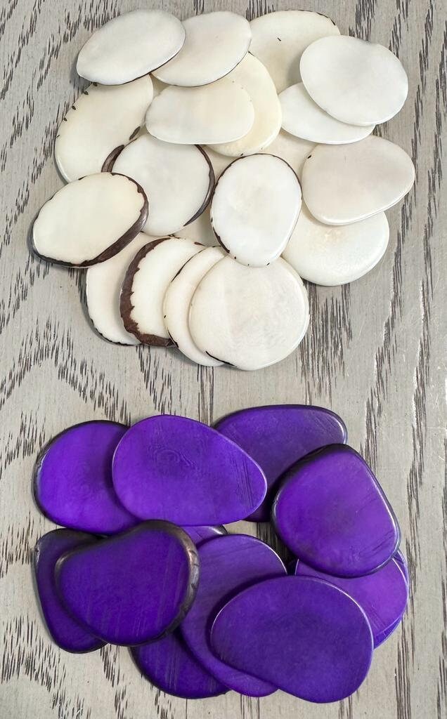 Tagua Chip Slices Beads. 20 White and Purple Pieces.