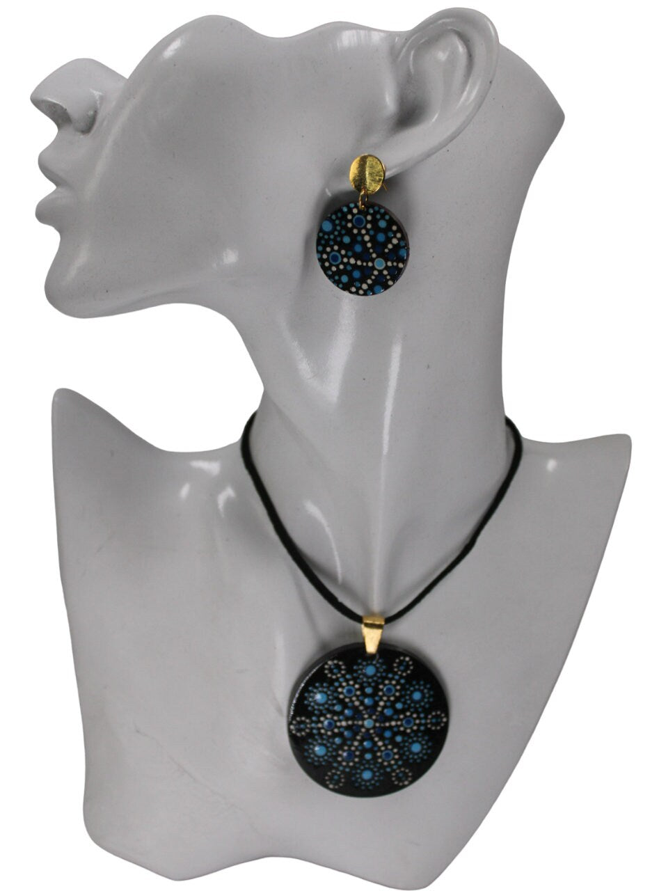Wood Round Necklace Mandala Art Wooden Necklace & Earring Set Boho Black and Blue Eco Sustainable Jewelry Gift For Her from Colombia Women