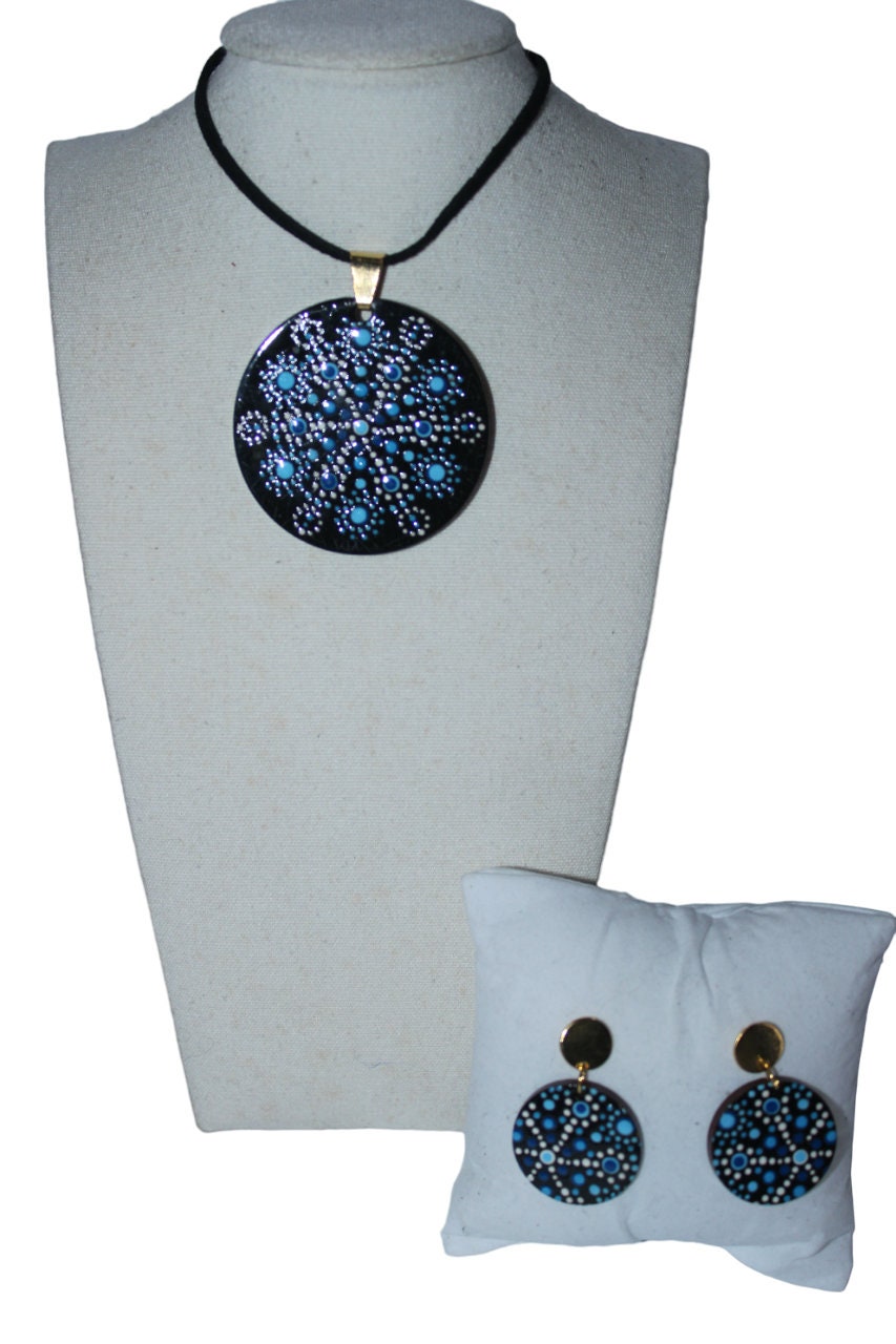 Wood Round Necklace Mandala Art Wooden Necklace & Earring Set Boho Black and Blue Eco Sustainable Jewelry Gift For Her from Colombia Women