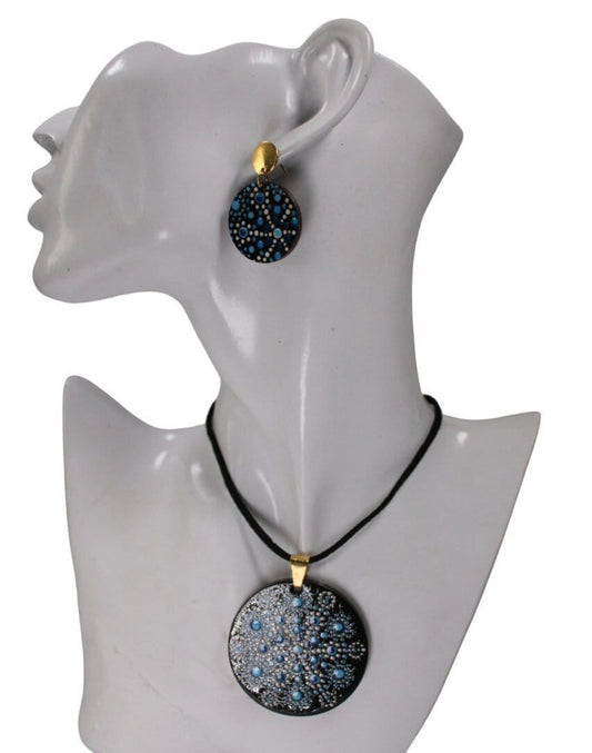 Wood Round Necklace Mandala Art Wooden Necklace & Earring Set Boho Black and Blue Eco Sustainable Jewelry Gift For Her from Colombia Women