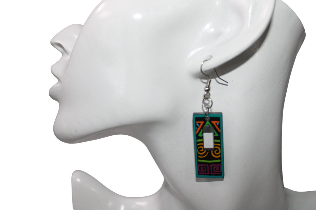 Laser Cut Wood Rectangle Earrings Figure earrings Ecological Jewelry Natural Jewelry. Handmade Exotic and natural earrings. Gift for her