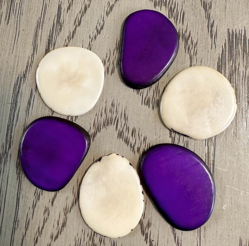 Tagua Chip Slices Beads. 20 White and Purple Pieces.