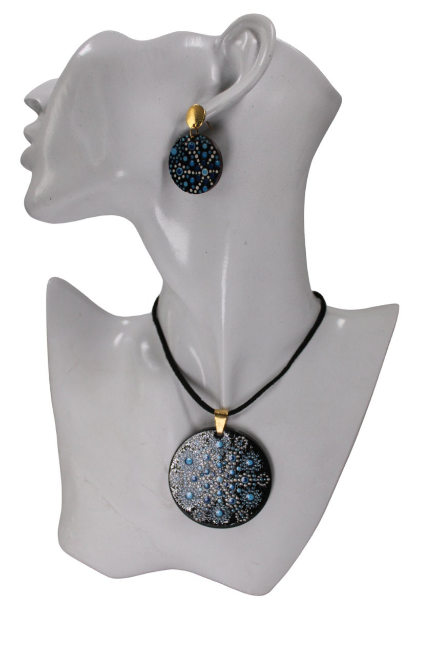 Wood Round Necklace Mandala Art Wooden Necklace & Earring Set Boho Black and Blue Eco Sustainable Jewelry Gift For Her from Colombia Women