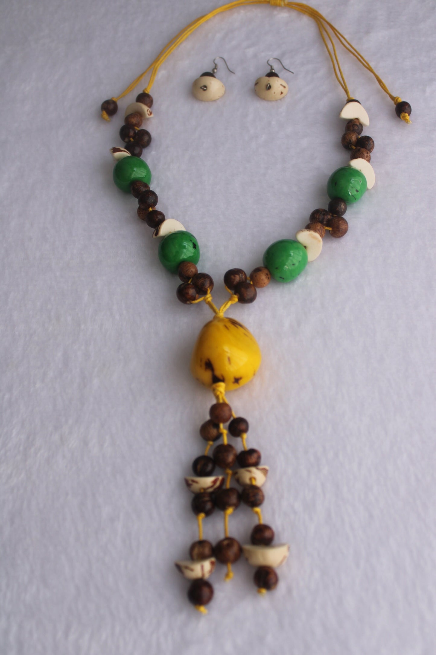 Tagua Necklace Earrings Set Yellow, brown and green Tagua, acai and bombona Pendant Jewelry set of earrings and necklace Handmade