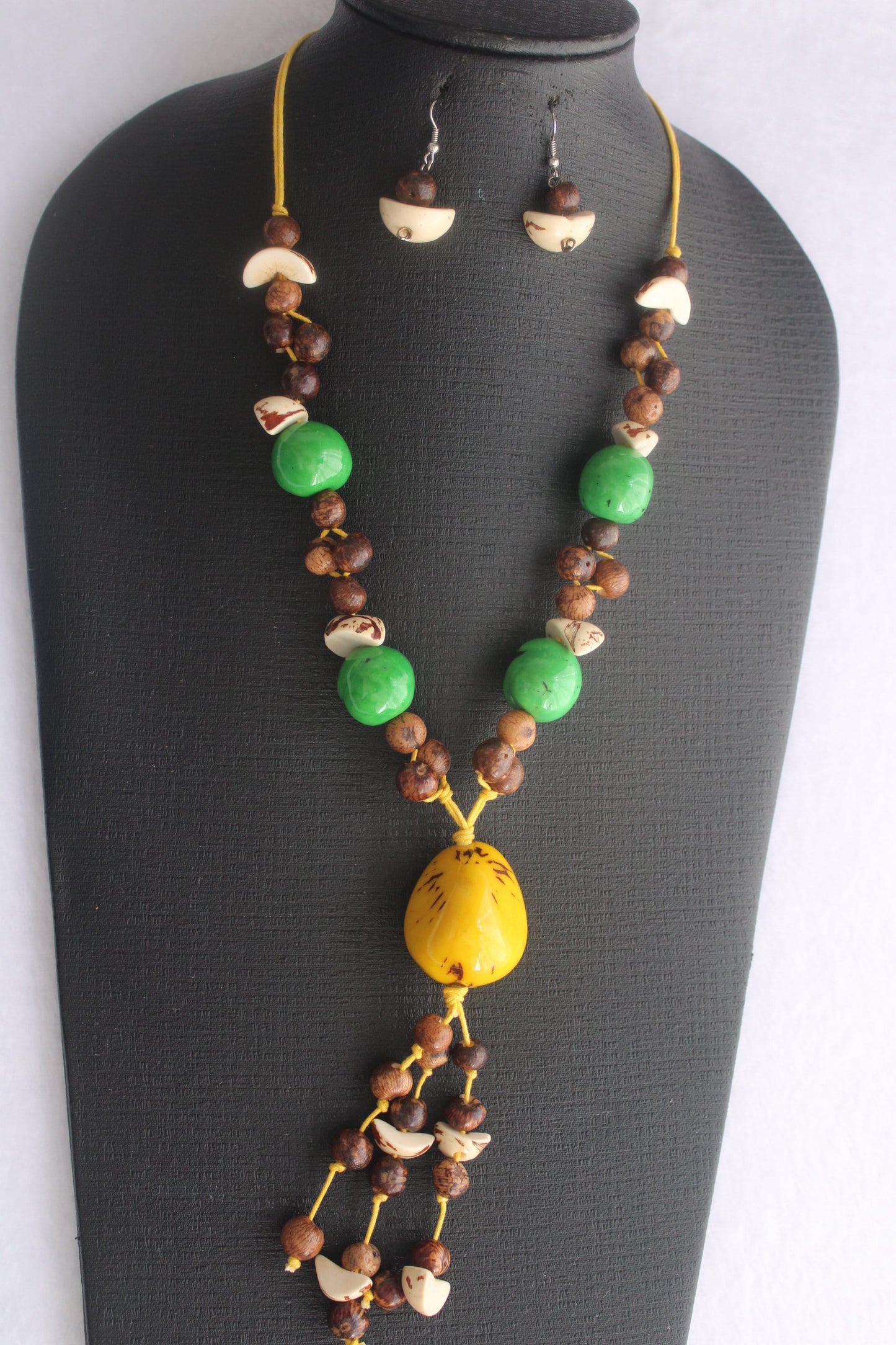 Tagua Necklace Earrings Set Yellow, brown and green Tagua, acai and bombona Pendant Jewelry set of earrings and necklace Handmade