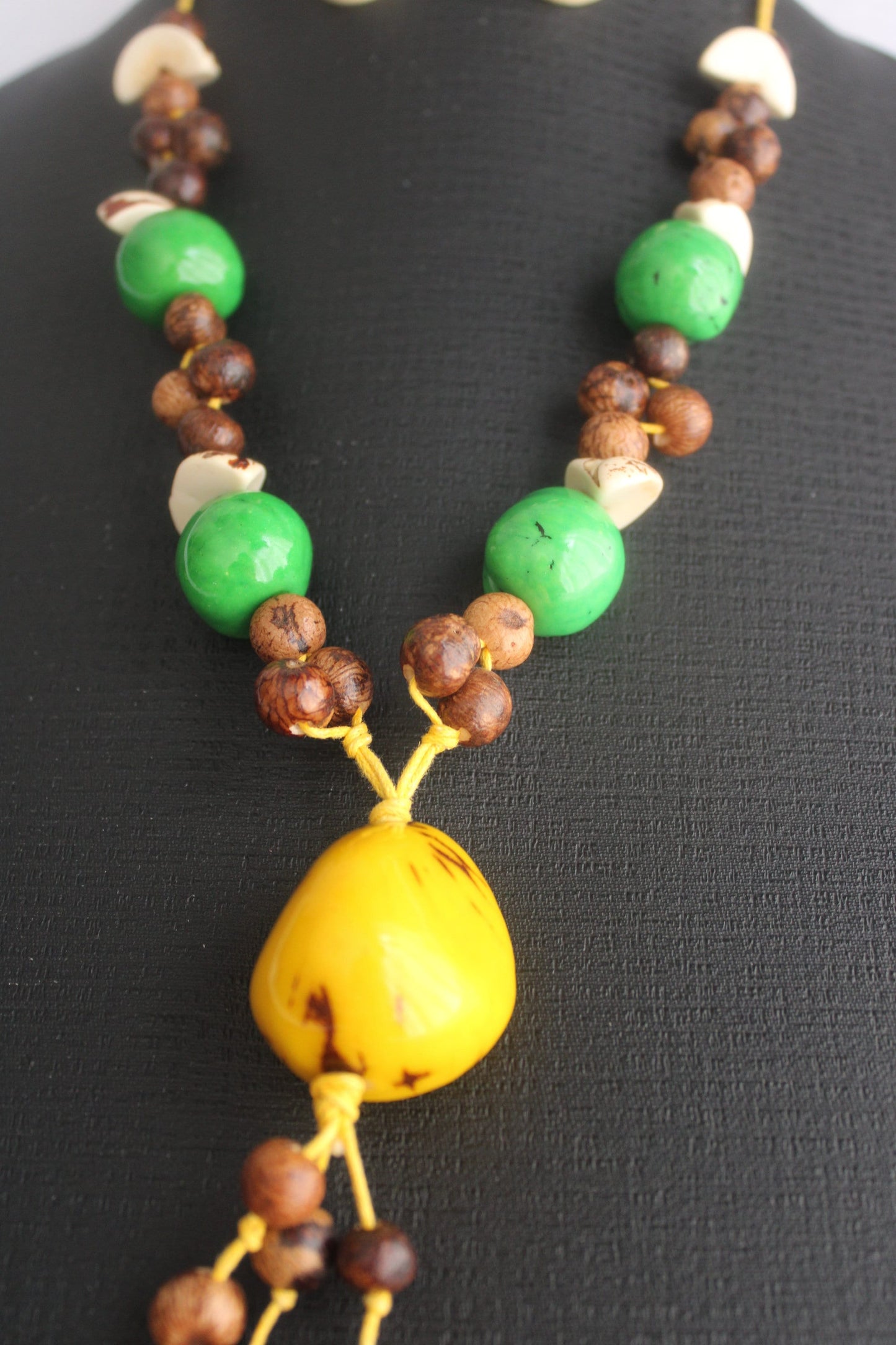 Tagua Necklace Earrings Set Yellow, brown and green Tagua, acai and bombona Pendant Jewelry set of earrings and necklace Handmade