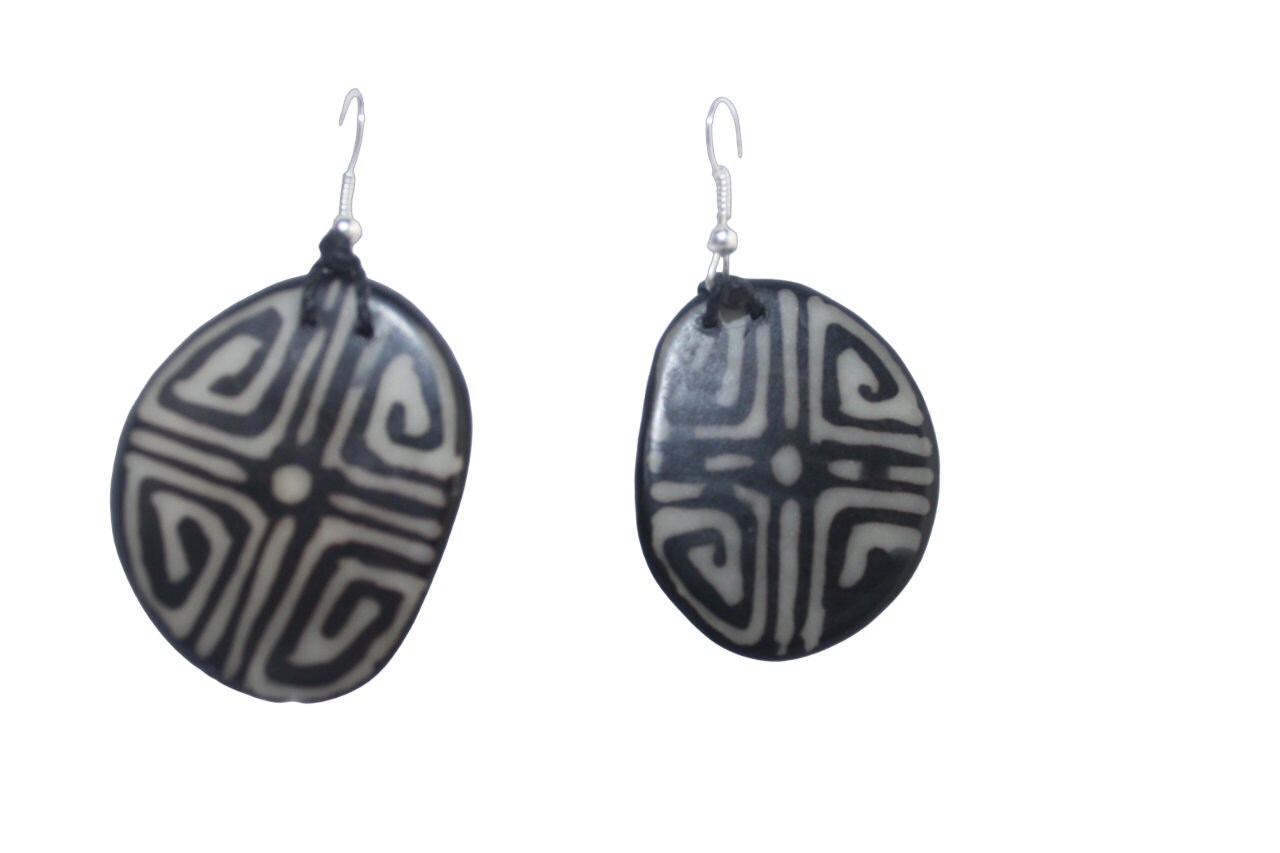 Tagua Earrings Black and White Pattern.