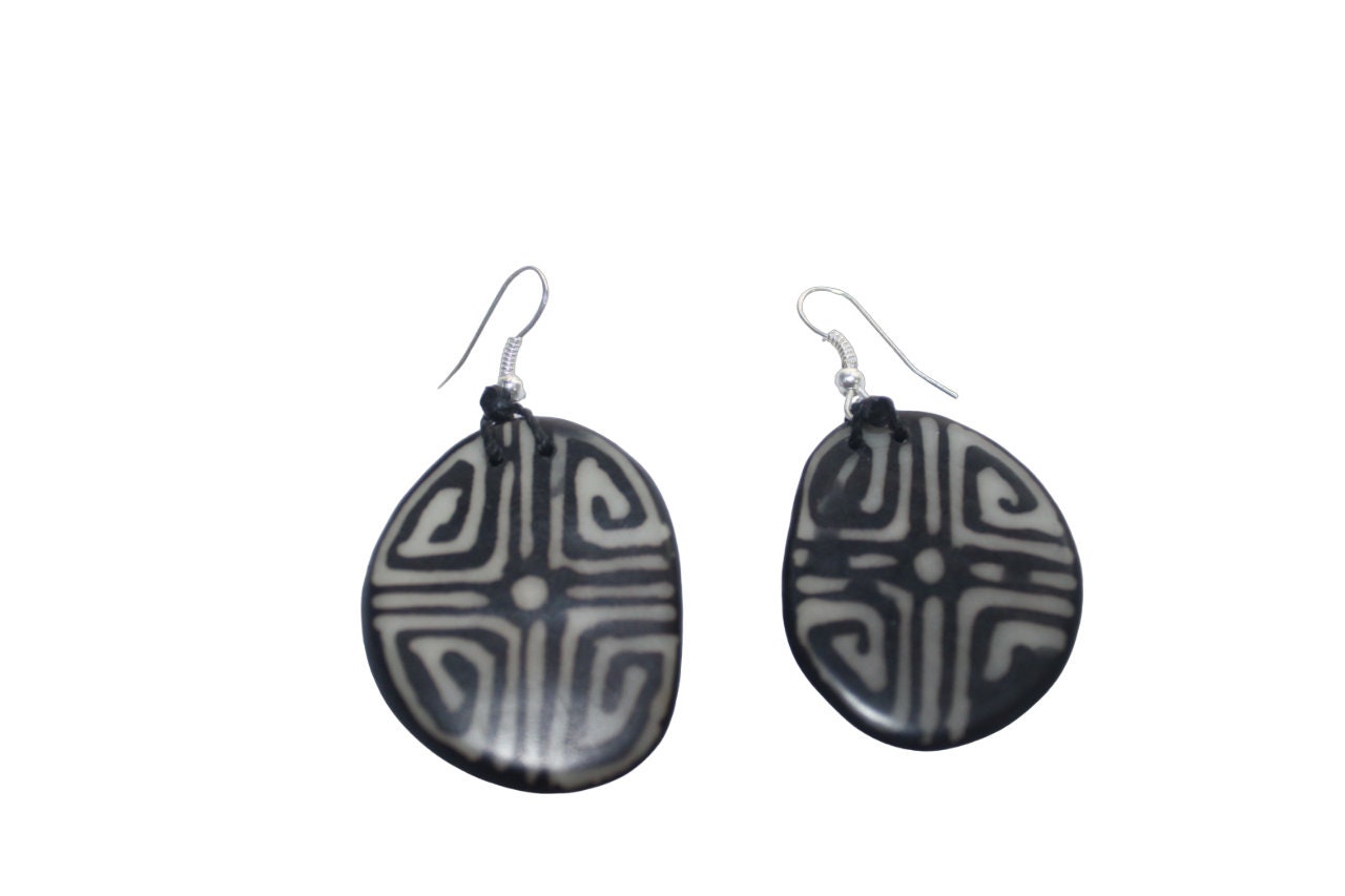 Tagua Earrings Black and White Pattern.