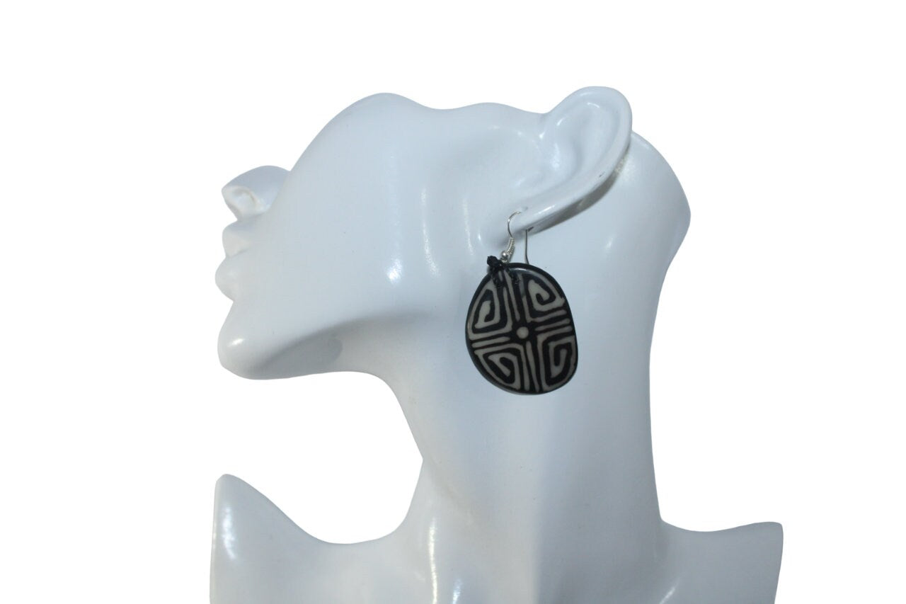 Tagua Earrings Black and White Pattern.