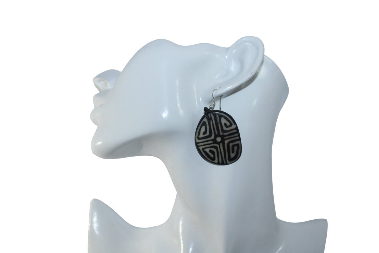 Tagua Earrings Black and White Pattern.
